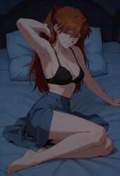 ai_generated anime_style arm_raised arm_up armpit asuka_langley_sohryu bed bedroom bedroom_eyes blue_eyes bra breasts collarbone dark_lighting feet full_body hand_behind_head laying_down laying_on_bed legs light-skinned_female light_skin long_hair mature_female naughty naughty_face neon_genesis_evangelion night nordinex5 pale-skinned_female pale_skin perfect_body petite_body petite_female red_hair redhead_female school_uniform seductive seductive_body seductive_eyes seductive_look seductive_pose seductive_smile sensual sexy sexy_body sexy_female sexy_pose shirtless sitting sitting_on_bed skirt slender_body slim_female stable_diffusion thighs topless topless_female