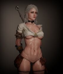 1girls 3d breasts cd_projekt_red choker ciri female fishnet_legwear fishnets freckles freckles_on_face gloves green_eyes light-skinned_female light_skin looking_at_viewer mascara scar soboro solo solo_female stockings sword the_witcher_(series) the_witcher_3:_wild_hunt thong wet_body white_hair witcher_medallion