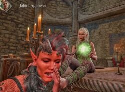 2girls age_difference baldur's_gate baldur's_gate_3 bardwithbrush barefoot demon_girl elf feet feet_licking female female/female female_only foot_fetish foot_lick foot_licking foot_worship gilf granny grey_hair jaheira karlach old old_woman soles tiefling tiefling_girl younger_female_older_female yuri