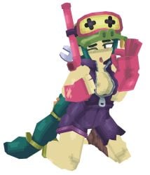 3d 3d_model alli_(brawl_stars) blockbench blush brawl_stars breasts colored female female_only gloves green_hair hat horny horny_female long_hair low_poly lowpoly mc-zbm one_eye_closed pink_gloves pixel_art showing_breasts simple_background snorkel spanner tongue_out wanting_cock
