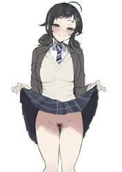 absurdres ahoge ass_visible_through_thighs black_hair black_skirt blonde_streaks blush breasts clothes_lift commentary_request dera_self diagonal-striped_clothes diagonal-striped_necktie dress_shirt feet_out_of_frame female female_pubic_hair grey_jacket groin hair_flaps highres idolmaster idolmaster_shiny_colors jacket large_breasts lifting_own_clothes looking_at_viewer mole mole_under_mouth multicolored_hair necktie no_panties pubic_hair sakurakazamiya_himeno school_uniform shirt simple_background skirt skirt_lift smile solo streaked_hair striped_clothes sweater twintails white_background white_shirt white_sweater