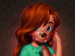 1girls a_goofy_movie clothes cum cum_on_clothes cum_on_face cum_stain disney eropastel goof_troop green_eyes green_shirt hand_in_hair looking_at_viewer penis red_hair roxanne_(goof_troop) stain