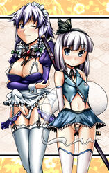 2futas adapted_costume bangs breasts cleavage clothed clothing erection_under_clothes futa_only futa_sans_balls futanari human light-skinned_futanari light_skin mostly_clothed pale_skin penis sakuya_izayoi skimpy skirt standing tenting thighhighs touhou white_fur youmu_konpaku yuzu_momo