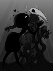 2girls absurdres arthropod_girl black_body black_skin blue_pupils blush blush_lines body_fur boopie_(artist) bug bug_girl colored_skin fur furry furry_female furry_with_furry glowing glowing_eyes grey_fur hands_on_another's_shoulders heart highres hollow_eyes hollow_knight hollow_knight:_silksong hollow_knight_(franchise) horned_mask hornet_(hollow_knight) lace_(hollow_knight) lace_(hollow_knight:_silksong) lesbian_sex lost_lace mask multiple_girls pussy pussy_juice spider spider_girl team_cherry tentacle tentacle_sex yuri
