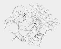 2girls black_lipstick breasts clothing curly_hair disney femmepanini finger_in_mouth monochrome mother_gothel queen_arianna rough_sketch spanish_text tangled translated yuri