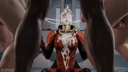 1girls 3boys 3d 3d_(artwork) 3d_model asari big_breasts big_penis blue_skin cleavage closed_eyes cum cum_in_mouth cum_on_breasts cum_on_face cum_splatter cum_string drool_on_face drool_string jerking mass_effect meditating meditation nude open_mouth orgasm precum rotosama samara sleep_molestation sleeping