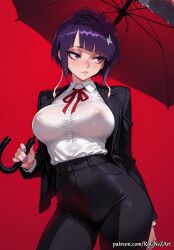 2026 ai_generated anime bangs black_jacket black_pants blunt_bangs blush boku_no_hero_academia breasts cleavage collared_shirt covered_nipples crossover dress_shirt exposed_nipples female female_focus female_only flushed formal high-waist_pants highres holding holding_umbrella huge_breasts jacket jirou_kyouka kyoka_jiro large_breasts long_sleeves looking_away looking_to_the_side my_hero_academia nail_polish neck_ribbon nipples no_bra nsfw open_clothes pants parted_lips patreon purple_eyes purple_hair purple_nails red_background red_ribbon ribbon rognezart see-through shirt shirt_tucked_in short_hair simple_background solo suit umbrella wet wet_clothes white_shirt