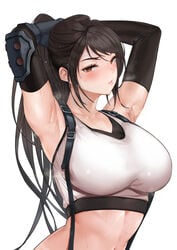 1girls armpits arms_up big_breasts black_hair blush breasts clothed female female_only final_fantasy final_fantasy_vii light-skinned_female light_skin long_hair looking_at_viewer mute_(mute89539160) solo sports_bra steam sweat sweaty tifa_lockhart