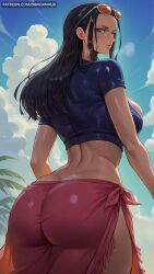 ai_generated ass back black_hair blue_eyes blue_sky breasts butt_crack closed_mouth cloud crop_top cropped_jacket dandanhub day eyewear_on_head female female_only forehead from_behind hair_slicked_back jacket large_breasts long_hair looking_at_viewer looking_back nico_robin one_piece outdoors sarong short_sleeves sky smile solo sunglasses sweat tree wet