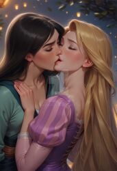 2girls ai_generated back bangs black_hair blonde_female blonde_hair blush bopitphy breasts chinese_female cleavage closed_eyes collarbone company_connection couple crossover disney disney_princess dress duo eyeshadow fa_mulan female/female female_only grey_eyeshadow hand_on_another's_shoulder hand_up kissing lantern lips lipstick long_hair love makeup medium_breasts mulan mulan_(1998_film) multiple_females multiple_girls mutual_yuri neck night night_sky open_mouth outdoors paper_lantern parted_bangs pink_lipstick plant princess puffy_long_sleeves puffy_sleeves purple_dress rapunzel rapunzel_(tangled) red_lipstick romantic romantic_couple sky small_breasts smile straight_hair tangled tree very_long_hair yuri