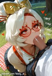 1boy 1girls ai_generated bare_shoulders big_ass big_breasts blowjob blush breasts cleavage collarbone cowgirl_position dress eyeshadow female female_on_cloth glasses hair_ornament hair_stick klexyai large_breasts looking_at_viewer makeup open_mouth penis penis_in_mouth purah purah_(tears_of_the_kingdom) pussy red-framed_eyewear red_eyes red_eyeshadow round_eyewear sex sheikah smile solo_focus straddling straight sucking_penis sweat tears_of_the_kingdom the_legend_of_zelda uncensored vaginal_penetration white_hair