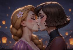 2girls ai_generated bangs blonde_female blonde_hair blush bopitphy braid breasts brown_hair brown_lipstick cassandra_(tangled) cleavage closed_eyes collarbone company_connection couple crossover dark_brown_hair disney disney_princess dress duo eyeshadow female/female female_only friends grey_eyeshadow height_difference heroine kissing lantern lips lipstick long_hair love makeup medium_breasts mountain multiple_females multiple_girls mutual_yuri neck night night_sky outdoors paper_lantern pink_lipstick princess puffy_long_sleeves puffy_sleeves purple_dress rapunzel rapunzel_(tangled) rivals romantic romantic_couple short_hair sky small_breasts star starry_sky straight_hair sweat sweatdrop swept_bangs tangled tangled:_the_series tied_hair turtleneck upper_body very_long_hair villainess yuri