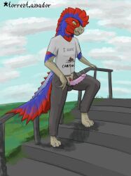 absurd_res anthro barefoot bottomwear brute_wyvern capcom claws clothing colored_pubic_hair denim denim_bottomwear denim_clothing feet genitals grass handrail hi_res jeans male monster_hunter multicolored_body outside pants penis plant pubes public quematrice railing shirt sky solo stairs t-shirt tail topwear torrent_amador_(artist) upset wardrobe_malfunction white_claws white_sclera yellow_eyes