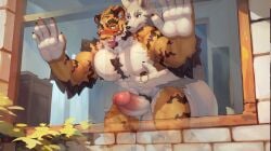 2025 against_surface against_window ai_assisted ai_generated_background anthro anthro_on_anthro arcane_shop areola arm_tuft balls barazoku bent_over big_balls big_muscles big_penis biped black_claws breath canid canine chest_tuft claws duo elbow_tuft elred_(arcane_shop) erection felid finger_claws fingers fox from_behind_position genitals glans green_eyes half-closed_eyes hand_on_pec heterochromia hi_res humanoid_genitalia humanoid_hands humanoid_penis interspecies male male/male mammal muscular narrowed_eyes nipple_piercing nipple_ring nipples nude_anthro nude_male on_glass painted_background pantherine panting pec_grab pec_squeeze pecs penis piercing pubes resque_(arcane_shop) ring_piercing ronci sex shoulder_tuft standing standing_sex tiger tuft vein veiny_arms veiny_muscles window
