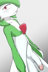 absurd_res anthro anthro_on_anthro balls big_penis chest_spike dutch_angle erection femboy gardevoir generation_3_pokemon genitals green_hair hair hi_res looking_at_viewer male male_gardevoir nintendo penis pokemon pokemon_(species) red_eyes solo spikes spikes_(anatomy) standing vulapa white_body