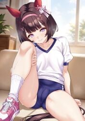 1girl animal_ears arm_support black_hair black_tail blue_buruma blush breasts breath buruma cameltoe closed_mouth collarbone commentary_request commission couch ear_covers ear_ornament gym_shirt gym_uniform hair_intakes hair_ornament head_tilt highres horse_ears horse_girl horse_tail indoors knee_up looking_at_viewer nishino_flower_(umamusume) on_couch picture_frame pink_shoes puffy_short_sleeves puffy_sleeves purple_eyes shirokuma_a shirt shoes short_hair short_sleeves skeb_commission small_breasts smile socks solo spread_legs sweat sweatdrop tail textless_version thighs umamusume white_shirt white_socks x_hair_ornament