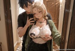 1boy ai_generated bangs black_hair black_shirt blonde_hair blush breasts cellphone cleavage closed_mouth collarbone covered_nipples door doorway facial_mark female forehead_mark grabbing green_eyes green_jacket holding holding_phone indoors jacket jewelry kermixx large_breasts looking_at_phone mature_female naruto naruto_(series) naruto_shippuden necklace nipples open_door pants phone see-through selfie shirt short_hair short_sleeves smartphone smile straight t-shirt tsunade wet wet_clothes white_shirt