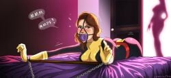 bondage bondlicitous bound bound_wrists brown_hair chains female femsub gag gagged harness_gag kitty_pryde laura_kinney marvel panel_gag shadowcat shiny_clothes spreader_bar tight_clothing x-23 x-men