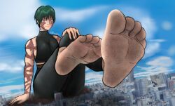 anime barefeet barefoot big_breasts breasts city city_destruction feet feet_focus feet_focusfetish female female_focus female_only foot_fetish giantess giga_giantess green_hair green_hair_female jujutsu_kaisen looking_at_viewer maki_zenin manga maoraka scars scars_all_over short_hair short_hair_female sitting solo solo_female solo_focus zenin_maki