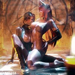 2girls 3d breast_sucking choker closed_eyes demon_girl demon_horns demon_tail female_only glowing_eyes heat horns lara_croft lara_croft_(survivor) large_breasts nipple_piercing no_eyewear original_character pierced_nipples pointy_ears red_hair shiny_skin sinia son_umbasa spread_legs succubus succubus_horns tomb_raider tongue watermark wet wide_hips yuri