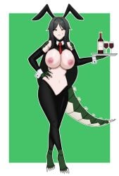 animal_ears anime_style anthro anthropomorphic bare_legs bare_shoulders black_bodysuit black_hair blush bodysuit bunny_ears choker clawed_feet clawed_hands claws cleavage collar curvaceous exposed_midriff female full_body genderswap genderswap_(mtf) green_scales hand_on_hip humanized humanized_scp large_breasts long_hair looking_at_viewer navel necktie nipples pussy red_necktie reptile reptilian_tail reverse_bunnysuit rule_63 scales scalies scp-682 scp-682_(reptilia_queen) scp_foundation serving_tray sharp_claws sleeves slit_pupils solo spiked_tail standing tail thick_thighs topless underboob waitress white_cuffs wide_hips wine wine_bottle wine_glass yellow_eyes