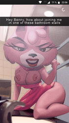 anthro authorialnoice english_text female female_focus female_only fur furry honeydew_mellon_(top_cat) lipstick makeup nude nude_female nudity pose posing shorts snapchat solo text top_cat_(series)