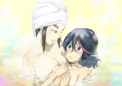 2girls bath bathing big_breasts blush breast_press breasts comforting embrace holding huge_breasts incest intimacy kill_la_kill kiryuuin_satsuki large_breasts matoi_ryuuko naked naked_female nervous nude nude_female older_sister_and_younger_sister sisters thick_eyebrows towel_on_head water wet wet_body wholesome yuri