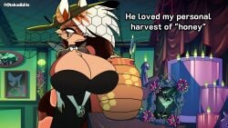 1girls anthro bee_girl big_breasts black_clothing breast_expansion breast_growth breast_growth_(enlargement) breasts breasts_bigger_than_head canid canine canis clothed clothing deadly_sin demon demon_girl dress ears english_text female_fox fox fox_girl funeral funeral_dress furry gluttony hat hellaverse helluva_boss holding_hands huge_breasts hybrid hyper_breasts indoors insect_wings inside looking_to_the_side multi_limb multicolored_hair multicolored_tail mythological_canine mythological_creature mythology otakusedits queen queen_bee-lzebub_(helluva_boss) room sad screenshot_edit tail text two-tone_body two-tone_fur vivienne_medrano vivziepop vixen wings
