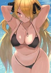 1girls alternate_breast_size armpits big_breasts bikini blonde_hair breasts clothing cynthia_(pokemon) eye_contact female hair_ornament high_resolution huge_breasts human looking_at_viewer mature_female neckwear nintendo pale_skin pokemon pokemon_dppt solo spring2013 standing thick_thighs wide_hips