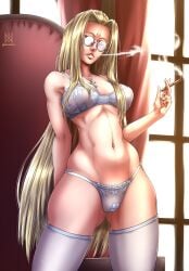1girls belly belly_button big_breasts blonde_female blonde_hair blue_eyes bright_background cigar cross_necklace fanart female female_focus female_only glasses hellsing hellsing_ultimate integra_hellsing lingerie lingerie_only long_hair nixonison pubic_hair see-through smoking tagme tall_female thighhighs white_lingerie white_underwear wide_hips wide_thighs