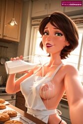 ai_assisted ai_generated apron aunt aunt_cass big_hero_6 bottle bread breasts brown_hair cass_hamada collarbone covered_nipples disney female female_only food green_eyes indoors kitchen large_breasts lips lipstick looking_at_viewer makeup marvel medium_breasts milk nearly_naked_apron nipples panties parted_lips pouring selfie short_hair smile solo stelmazura underwear window