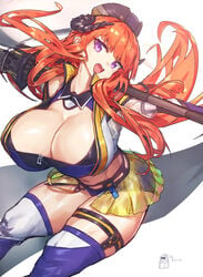 1girls arknights bagpipe_(arknights) bagpipe_(queen_no._1)_(arknights) big_breasts breasts cleavage curvaceous curvy horns huge_breasts lance looking_at_viewer melon22 midriff miniskirt muscular_thighs orange_hair purple_eyes race_queen see-through_skirt thick_thighs thighhighs thighs voluptuous