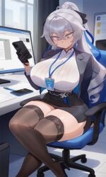 1girls ai ai-created ai_art ai_generated background_building big_breasts big_hips big_thighs black_bra black_miniskirt black_skirt breasts bronya_zaychik bronya_zaychik_(outstanding_attitude) bronya_zaychik_(silverwing:_n-ex) building_background computer computer_monitor curvaceous curvaceous_body curvaceous_female curvaceous_figure curvaceous_hips curvaceous_thighs drill_hair drill_ponytail female female_focus female_only grey_hair high_ponytail high_thighs hips honkai_(series) honkai_impact honkai_impact_3 honkai_impact_3rd hoyoverse lanyard lanyard_between_breasts large_boobs large_breasts large_tits long_hair long_silver_hair mihoyo miniskirt office office_background office_chair office_clothing office_lady office_table ol phone phone_call phone_screen plump_boobs plump_breasts ponytail see-through_clothing see-through_top skirt thighs waist white_blouse wide_hips wide_thighs window