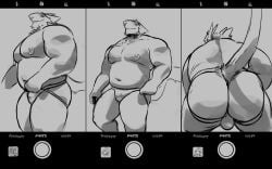 anthro ass avie aviesergal belly black_and_white bulge bulge_from_behind clothing detailed_bulge facial_hair facial_piercing hi_res jockstrap looking_at_viewer male monochrome musclegut muscular muscular_male navel nipple_piercing nipple_ring nipples nose_piercing pecs phone_camera piercing rear_view ring_piercing septum_piercing sequence sergal small_bulge smile solo underwear
