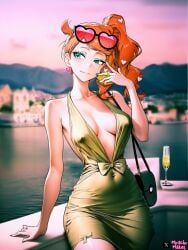 2d 2d_(artwork) 2d_artwork background_blur big_breasts bowtie cameltoe candid champagne champagne_flute champagne_glass city_background cityscape cleavage clothing collarbones color colored covered_navel curvaceous_female curvaceous_figure curvy_body dark_background depth_of_field detailed_background digital_art dusk dynamic_lighting earring evening eyelashes female gigantic_breasts golden_hour half-closed_eyes halter_dress halter_top halterneck hand_on_face handbag heart_earrings heart_hair_ornament heart_symbol hourglass_figure huge_breasts large_breasts light-skinned_female light_skin looking_away looking_away_from_viewer milf mirachumakes narrow_waist nintendo ocean oily_skin orange_hair pokemon_ss posing posing_for_the_viewer refraction revealing_clothes revealing_outfit ring ring_light_reflection sagging_breasts seductive seductive_eyes shadow shiny_skin side_ponytail skimpy_clothes skirt_up solo solo_focus sonia_(pokemon) sunset sweat sweating thick_eyelashes thick_thighs vignetting visible_breath voluptuous_female wide_hips yacht
