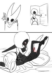 2girls arched_back black_body blush blush_lines blushing boopie_(artist) bug bug_girl hollow_knight hollow_knight:_silksong hollow_knight_(franchise) hornet_(hollow_knight) lace_(hollow_knight) lace_(hollow_knight:_silksong) lesbian_sex penetration sex_toy shocked shocked_expression strap-on strap-on_sex team_cherry vaginal_penetration yuri