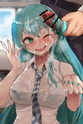 1boy absurdres admiral_(kantai_collection) akizuki_shigure alternate_costume aqua_hair aqua_nails bangs between_breasts black_neckwear black_pants blush breasts collared_shirt cum cum_on_clothes cum_on_hair cum_on_hand day eyelashes facial female green_eyes hairjob heart highres indoors kantai_collection large_breasts long_hair nail_polish necktie one_eye_closed open_mouth pants penis shiny shiny_hair shirt short_sleeves smile solo_focus standing straight straight_hair suzuya_(kantai_collection) upper_body white_shirt window wing_collar