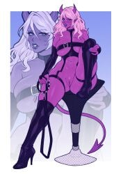 1girls absurd_res amelie_(succuboos) bent_leg big_breasts clitoris_piercing demon demon_girl demon_horns demon_tail dominatrix eyelashes female female_only genital_piercing high_heel_boots horns knee_boots leash leash_and_collar long_hair looking_at_viewer no_panties original piercing pink_hair pointy_ears purple_eyes purple_lipstick purple_skin pussy sitting slit_pupils solo spiked_collar succuboos succubus tail thick_thighs