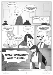 2026 alphys angry anthro avian berdly bird bored catti_cattenheimer classroom classroom_desk comic deer deltarune desk dialogue dinosaur domestic_cat english_text eyelashes eyewear felid feline felis female freckled_face freckles furniture furry gesture glasses greyscale group hand_gesture hi_res jockington_(deltarune) long_eyelashes male mammal monochrome monster noelle_holiday piercing prehistoric_species reptile scalie school snake speech_bubble student susie_(deltarune) table teacher text undertale_(series) url v_sign wtperv yelling