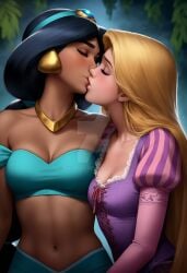 2girls ai_generated aladdin_(1992_disney_film) aqua_shirt arabian_clothes arabian_female arm_at_side bangs bare_shoulders blonde_female blonde_hair blush bopitphy breasts brown_eyeshadow cleavage closed_eyes collarbone company_connection couple crossover dark-skinned_female dark_skin disney disney_princess dress duo earrings eyeshadow female/female female_only gold_earrings gold_jewelry gold_necklace hair_ornament interracial interracial_couple interracial_yuri jasmine_(aladdin) jewelry kissing long_hair love medium_breasts midriff multiple_females multiple_girls mutual_yuri navel neck necklace off-shoulder_shirt off_shoulder parted_bangs princess princess_jasmine puffy_long_sleeves puffy_sleeves purple_dress rapunzel rapunzel_(tangled) revealing_clothes romantic romantic_couple shirt small_breasts straight_hair tangled thick_eyebrows very_long_hair yuri
