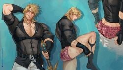 anklehighs black_socks blonde_hair buff buff_male clothed crew_socks genshin_impact leilielmeimiel male male_only panties socks undressed undressing undressing_self varka_(genshin_impact)