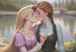 2girls absurdly_long_hair ai_generated anna_(frozen) arm_at_side blonde_female blonde_hair blush bopitphy braid braided_ponytail breasts bridge brown_hair cleavage closed_eyes collarbone company_connection couple crossover day disney disney_princess dress duo female/female female_only flower forest frozen_(film) grass hand_on_another's_chest kissing lake long_hair long_sleeves love low_ponytail medium_breasts multiple_females multiple_girls mutual_yuri nature neck outdoors pine_tree ponytail princess puffy_long_sleeves puffy_sleeves purple_dress rapunzel rapunzel_(tangled) reflection romantic romantic_couple small_breasts straight_hair tangled tied_hair tree very_long_hair water wet wet_hair yellow_flower yuri