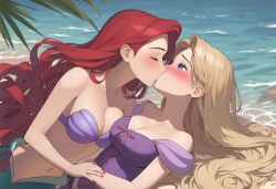 2girls absurdly_long_hair ai_generated ariel_(the_little_mermaid) bare_arms bare_shoulders beach bikini blonde_female blonde_hair blue_eyes blush bopitphy breasts cleavage closed_eyes collarbone company_connection couple crossover day disney disney_princess dress duo embarrassed female/female female_only kissing long_hair looking_at_another love lying lying_on_back medium_breasts mermaid midriff multiple_females multiple_girls mutual_yuri nail_polish navel neck ocean off-shoulder_dress off_shoulder on_back outdoors palm_tree princess purple_bikini purple_dress purple_nails rapunzel rapunzel_(tangled) red_hair romantic romantic_couple sand shell shell_bikini shy straight_hair strapless strapless_bikini sweat sweatdrop tangled the_little_mermaid_(1989_film) tree very_long_hair water wavy_hair yuri