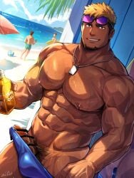 1boy abs ball bar_censor bara beach beachball biceps black_eyes blonde_hair blue_male_swimwear blue_sky broad_shoulders brown_hair censored chest_hair commentary_request covered_testicles cowboy_shot dog_tags dutch_angle earrings eyewear_on_head facial_hair goatee grin groin highres holding_sunscreen huge_pectorals jewelry large_penis looking_at_viewer male_focus male_pubic_hair male_swimwear multicolored_hair muscular muscular_arms muscular_male navel nipples ocean opaque_sunglasses original parasol pendant penis penis_peek penis_slip pubic_hair purple-tinted_eyewear shiny_skin signature single_earring sky smile solo_focus spiked_hair summer swim_briefs tan tanlines thick_eyebrows tinted_eyewear topless_male two-tone_hair umbrella veins veiny_arms veiny_hands zifu