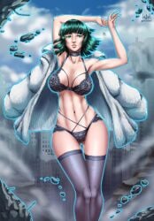 1girls armpits belly belly_button big_breasts choker fanart female_only flat_belly fubuki_(one-punch_man) green_eyes green_hair laced_underwear lingerie lingerie_only nixonison one-punch_man slim_female slim_waist tagme wide_hips wide_thighs