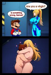 ai_generated are_you_a_virgin?_(meme) crack_pairing crack_ship faceless happy_sex hug joke mario mario_(series) metroid samus_aran sex shorter_male/taller_female