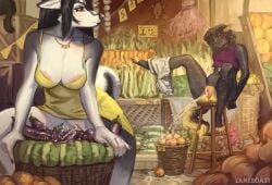 2026 4_toes ambiguous_anthro ambiguous_feral ambiguous_gender anthro anthro_focus apron areola areola_slip artica_(lameboast) artist_name bangs basket big_breasts biped black_body black_ears black_fur black_hair black_nose black_tail blush bodily_fluids bok_choy bottomwear bottomwear_around_one_leg bottomwear_down breasts canid canine canis carrot claws cleavage clitoral_hood closed_eyes clothed clothed_anthro clothed_female clothing clothing_around_one_leg cobblestone container crate crop_top cucumber curly_hair day detailed_background digitigrade domestic_cat domestic_dog dress duo_focus ears_down eggplant eyelashes facial_piercing farmers_market feet felid feline felis female female_anthro female_focus female_peeing feral flower food fruit fur furniture garlic genital_fluids genitals gold_(metal) gold_jewelry gold_necklace gold_piercing grape group hair hi_res humanoid_genitalia humanoid_vulva husky hybrid jewelry lameboast lavender_(flower) leek lemon long_hair looking_aside mammal market melon mouth_closed multicolored_body multicolored_fur navel necklace nordic_sled_dog nose_piercing nose_ring onion open_mouth orange_(fruit) outside peeing peeing_outside peeing_together piercing pink_areola pink_nose pivoted_ears plant public public_exposure public_urination pupils purple_clothing purple_crop_top purple_ear_piercing purple_shirt purple_topwear raised_clothing raised_dress raised_leg red_eyes ring_piercing rope septum_piercing septum_ring shaded shirt shorts shorts_around_one_leg sign sitting snout spitz spread_legs spreading stool strife_(lameboast) surprised tail text toe_claws toes topwear two_tone_body two_tone_fur two_tone_nose two_tone_tail urine urine_on_food urine_pool urine_stream vaginal_fluids vegetable vulva watersports white_body white_bottomwear white_claws white_clothing white_fur white_inner_ear white_shorts white_tail wolfdog yellow_body yellow_clothing yellow_dress yellow_fur yellow_tail