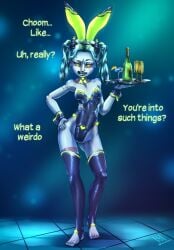 1girls 2d alcohol barefoot bodysuit bottle bunny_ears bunnysuit cocktail cyberpunk:_edgerunners cyberpunk_2077 cyborg cyborg_girl dark_lipstick english_text fanart feet green_eyes green_hair headwear heart_symbol latex looking_at_viewer neon_lights nixonison pale-skinned_female pale_skin petite ponytails rebecca_(edgerunners) slim small_breasts speaking speaking_to_viewer standing stirrup_legwear text thighhighs tied_hair tray twintails