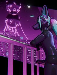 2_tone_body 3:4 3d_(artwork) ambiguous_gender animal_genitalia animal_penis annoyed anthro balcony blue_eyes canid canine cheek_tuft city city_background cosmic_background digital_media_(artwork) ears_up erection facial_tuft femboy fox genitals hair hi_res knot knotted_penis looking_away male mammal moon multicolored_hair narrowed_eyes nude_anthro nude_male one_eye_obstructed penis pointy_ears ponytail purple_background purple_body reginabelli side_view simple_background solo standing star starry_background thick_thighs tuft ufo