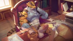 2025 abs ai_assisted ai_generated_background anthro anthro_on_anthro arcane_shop arm_tuft armor balls barazoku big_balls big_penis biped book detailed_background duo elred_(arcane_shop) erection felid genitals glans green_eyes hi_res humanoid_genitalia humanoid_penis inside interspecies knight light light_beam looking_at_another male male/male mammal midriff muscular muscular_anthro muscular_male painted_background pantherine penis penis_under_table pubes relaxing resque_(arcane_shop) resting_on_arm ronci shoulder_tuft sitting spread_legs spreading sunbeam sunlight tiger tuft vein veiny_arms veiny_muscles warrior window